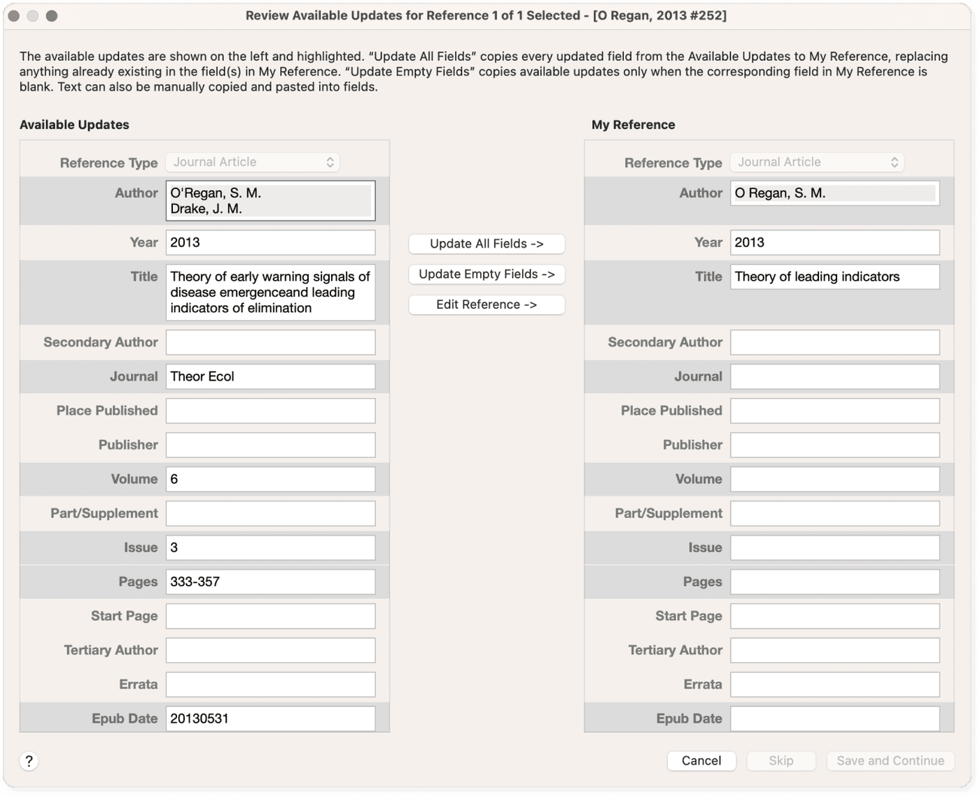 EndNote's Find Reference Updates dialog